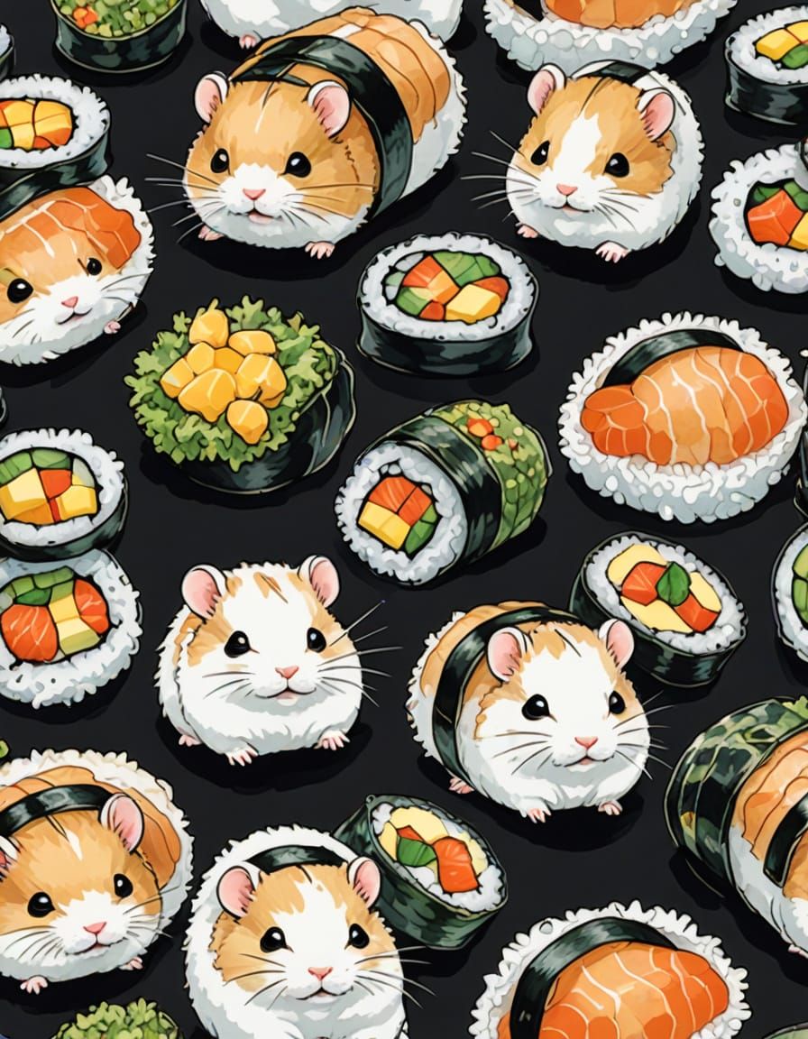 Whimsical Japanese-Inspired Sushi Hamster in Traditional Zen...