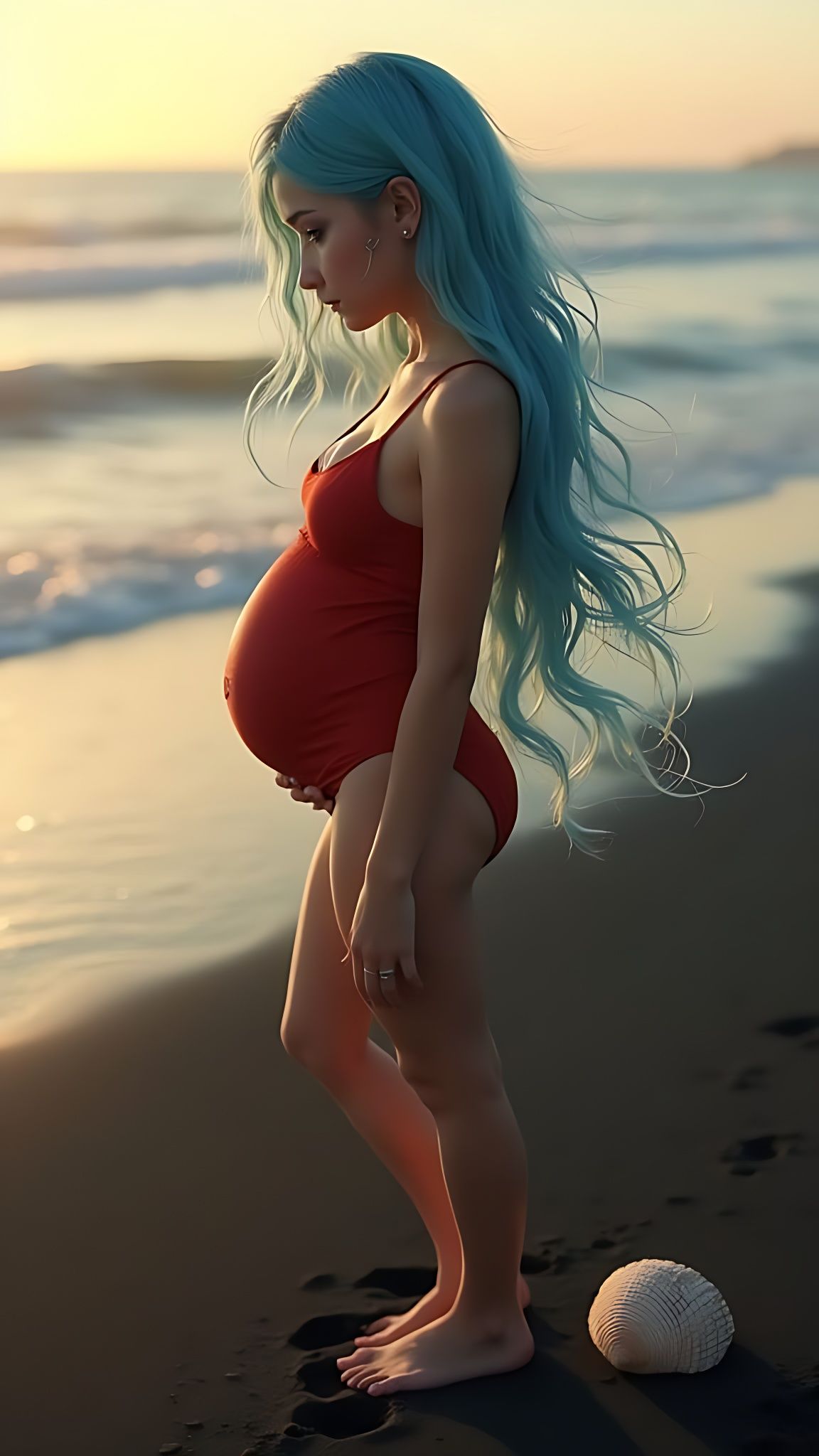 Emotional Portrait of Pregnant Woman on Black Sand Beach