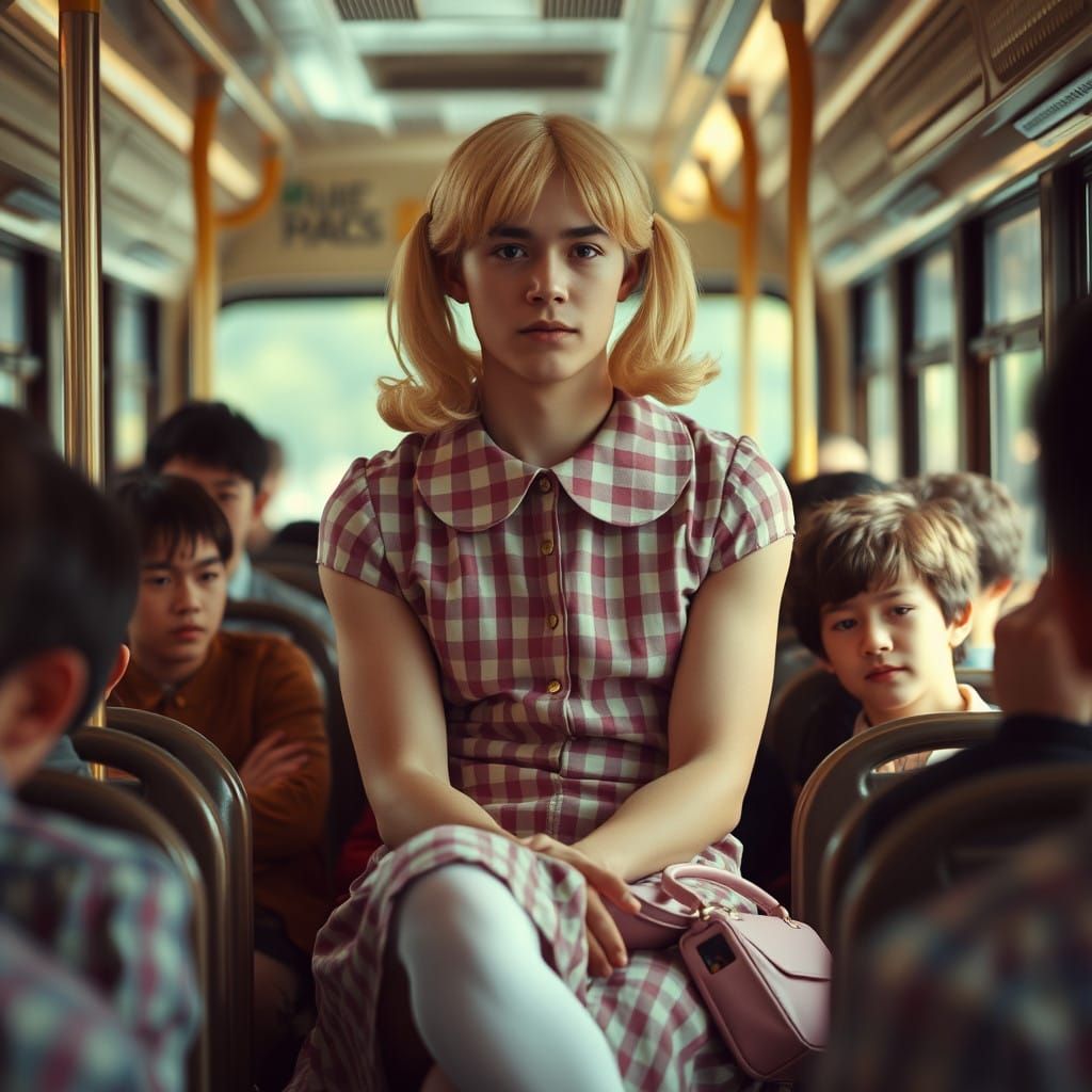 Confident Young Man in Checked Dress, Blonde Pigtails, and P...