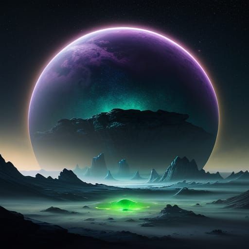 Alien Planet with Shooting Stars in Deep Purple and Emerald
