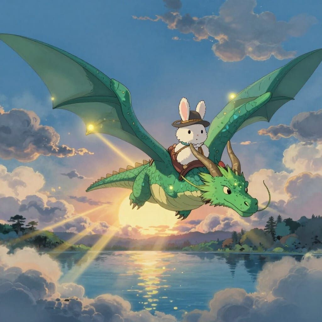 Bunny Adventurer Rides Emerald Dragon in Twilight Sky