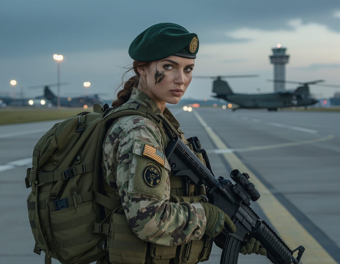 Green Beret Soldier at Night with Chinook Helicopters