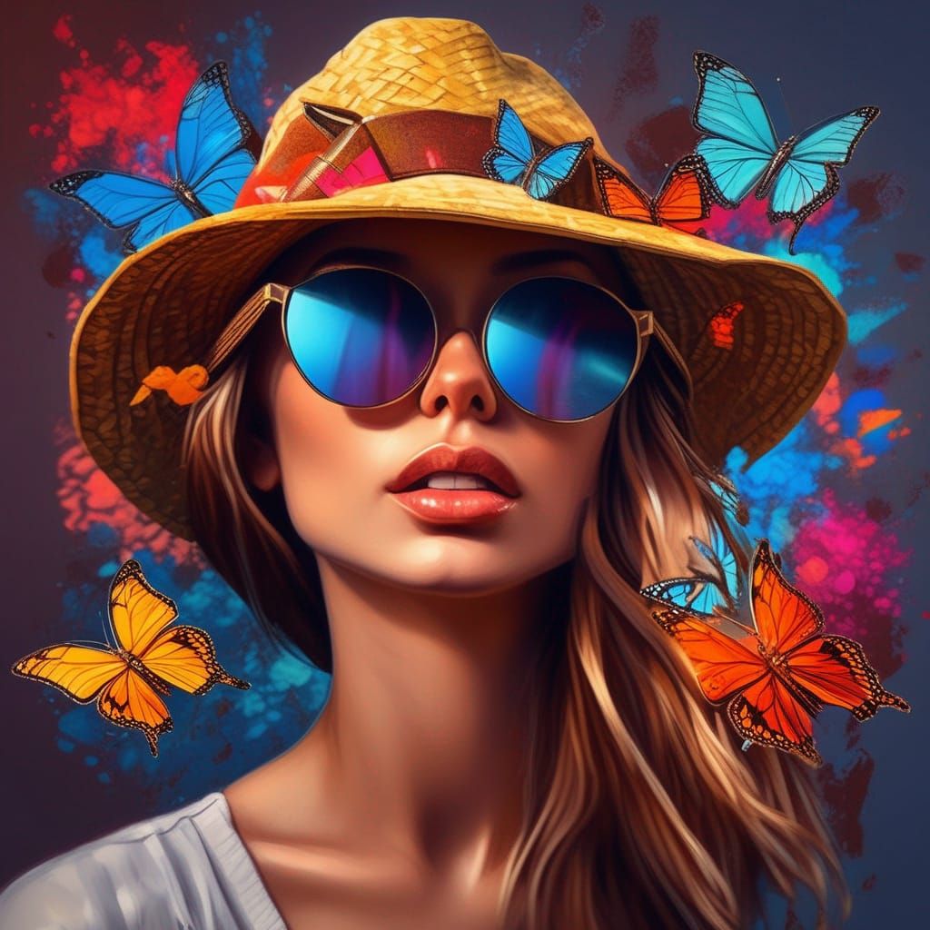 Woman with Butterflies: Hyperrealistic Splash Art