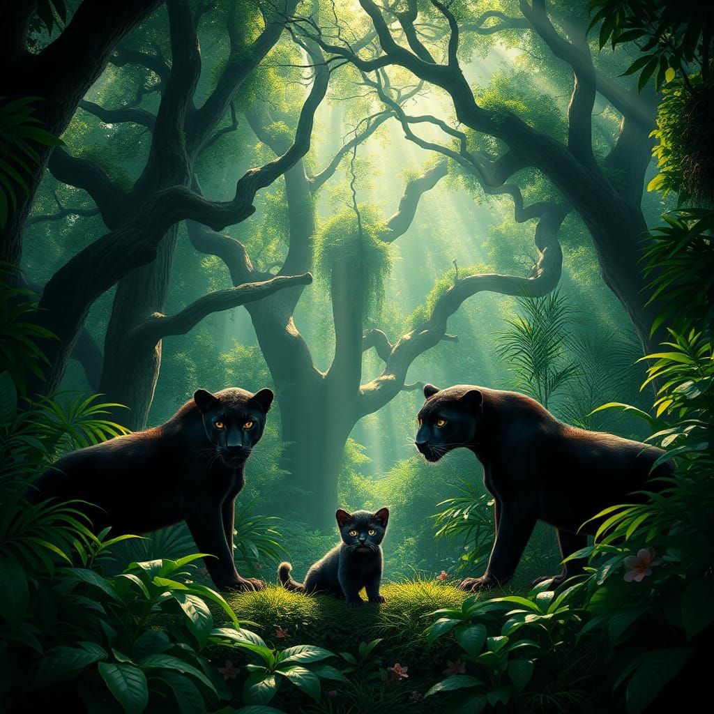 Panthers Guard Kitten in Lush Jungle Setting