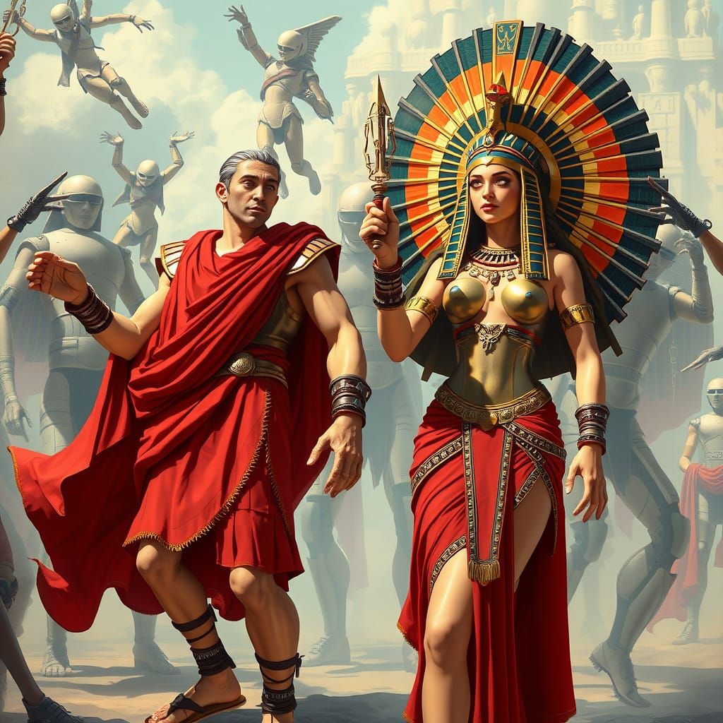 Caesar and Cleopatra with Dancing Robots in Futuristic Style