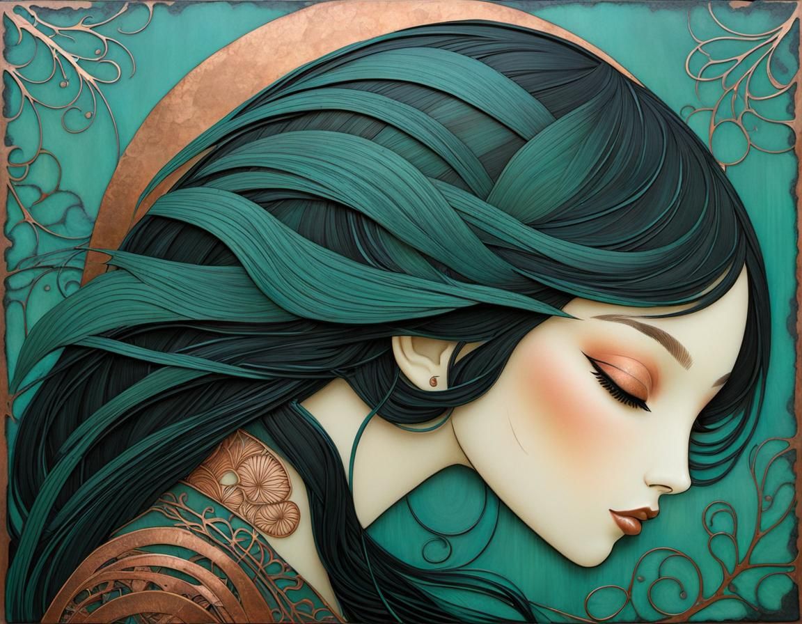 Copper Girl with Encaustic Background, Art Nouveau Style