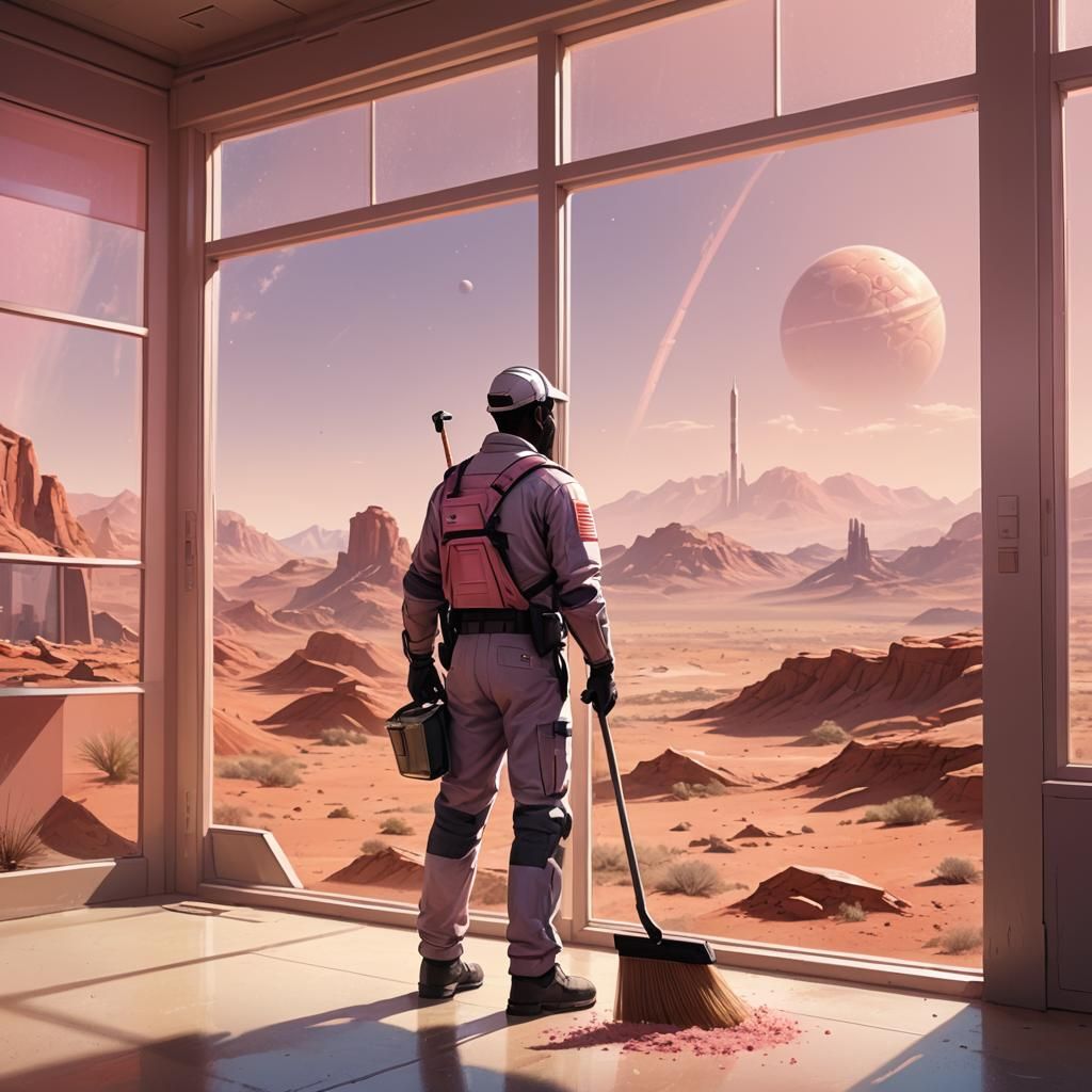 Friendly Janitor Dreams of Mars: Vibrant Digital Art