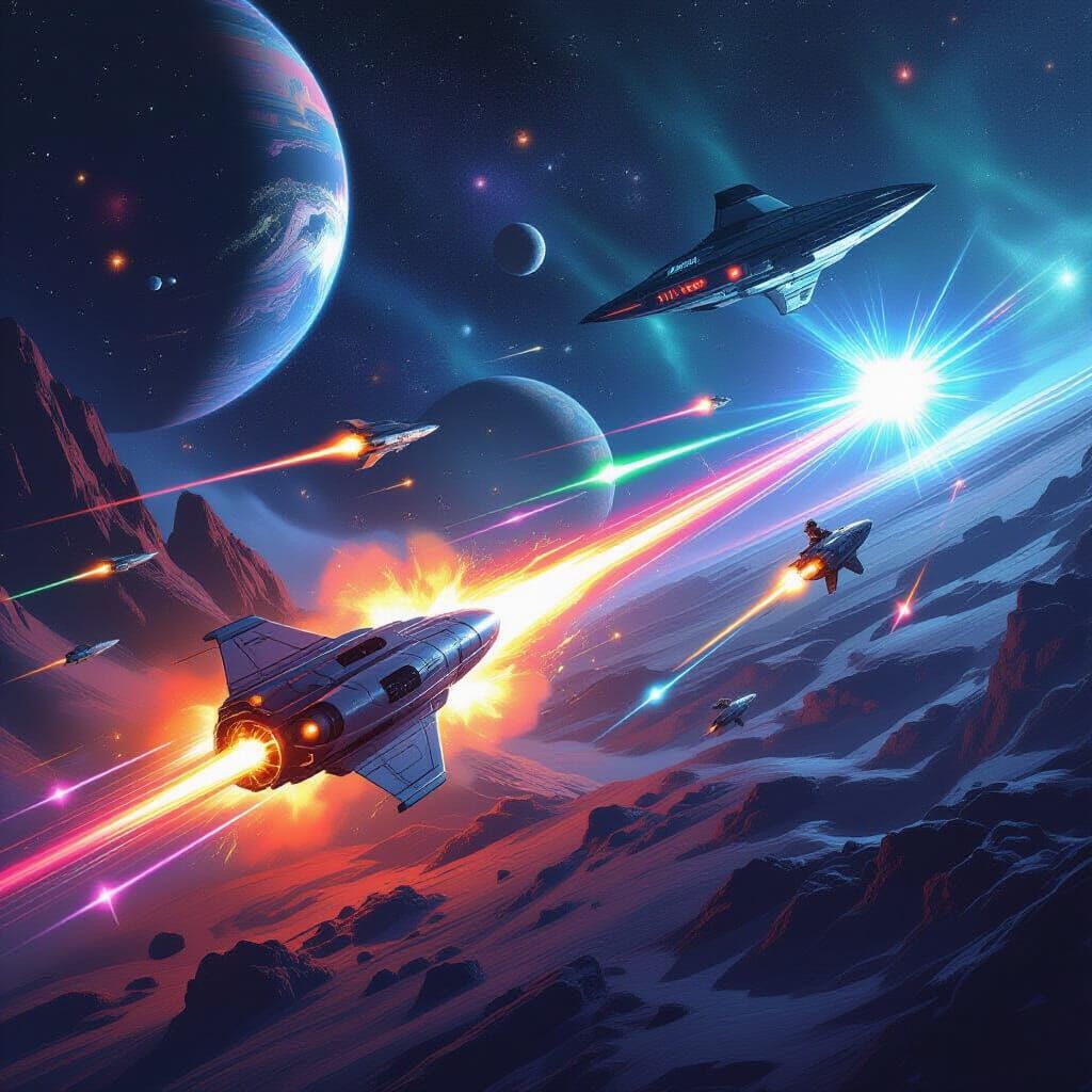 Epic Space Battle with Laser Blasts in Sci-Fi Style
