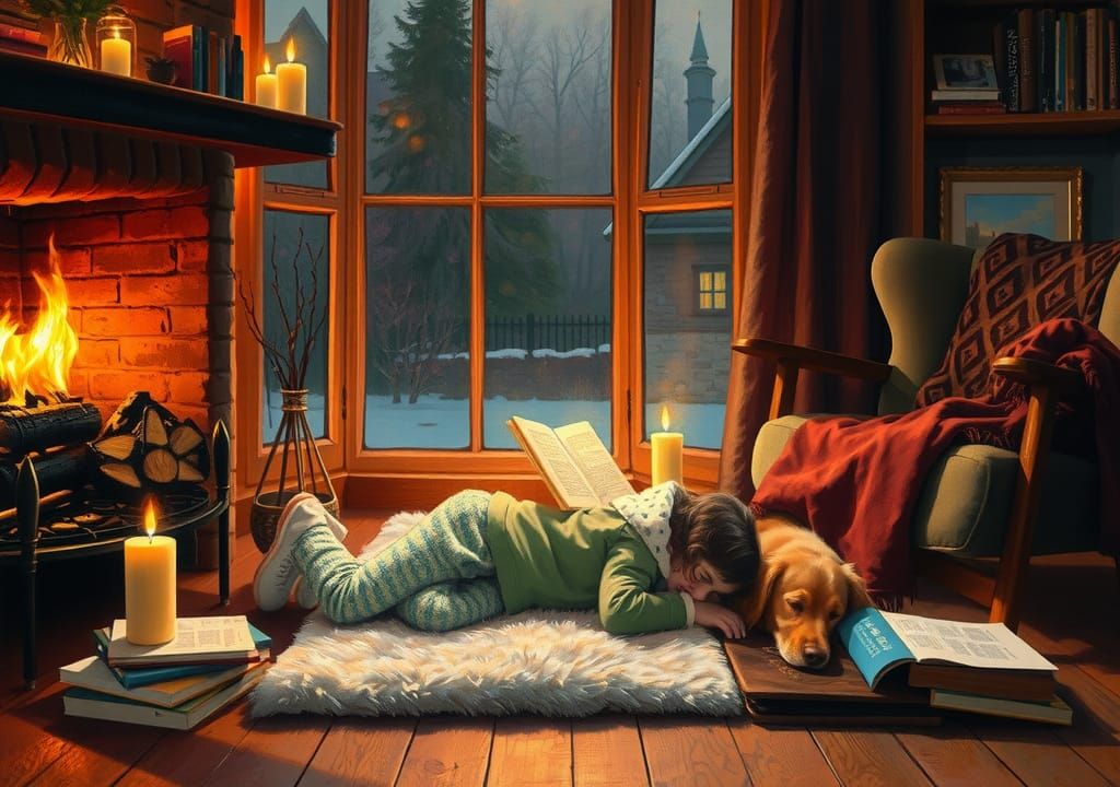 Cozy Fireplace Scene in Spring Colors