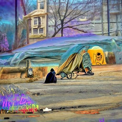 Grim Reaper Watching Starving Homeless, Surreal Oil Painting