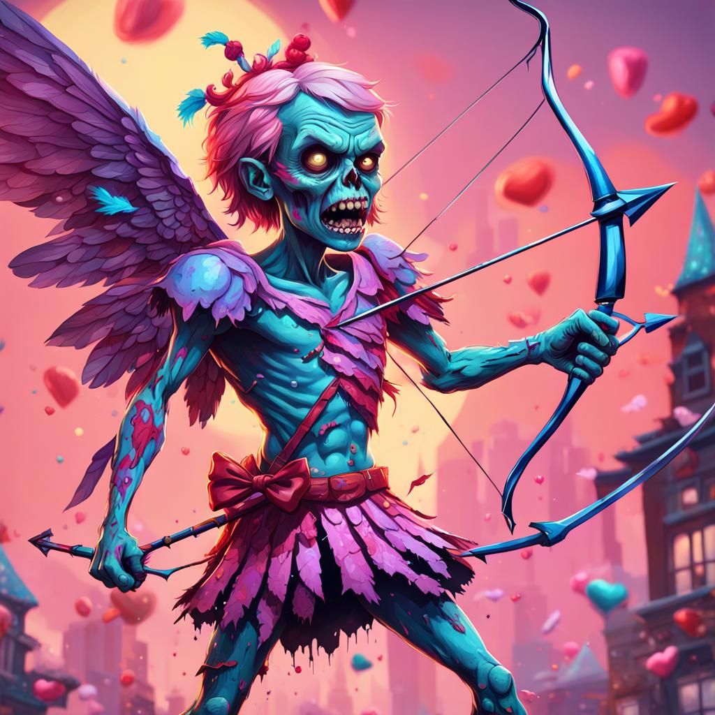 Zombie Cupid Aims Arrow in Candy Art Style