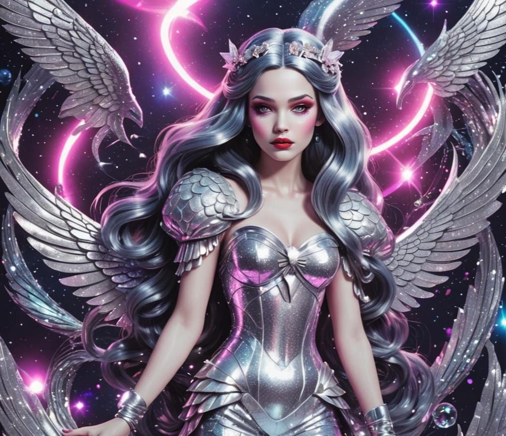 Snow White Space Mermaid with Silver Wings