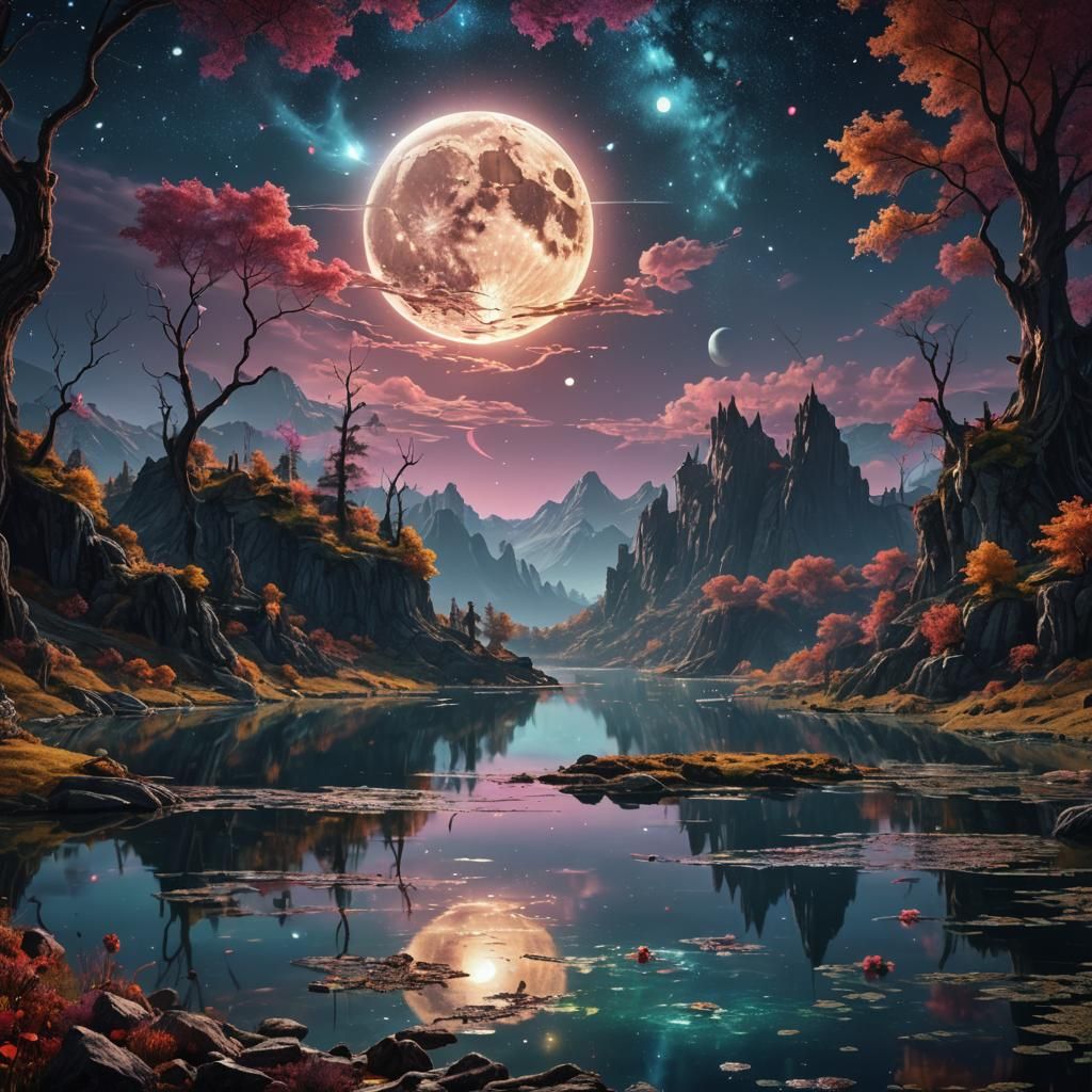 Cosmic Moonlit Lake in Hypermaximalist Fantasy Style