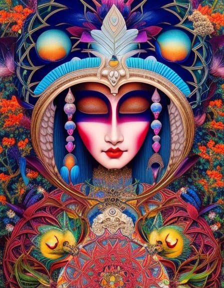 Masked Figure with Mountain View in Bazaar Art Style