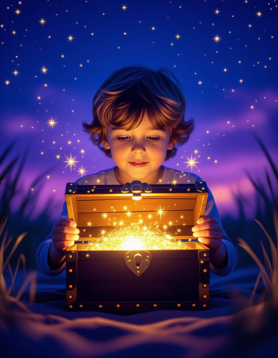 Child Finds Glowing Treasure Chest in Fantasy Art Style