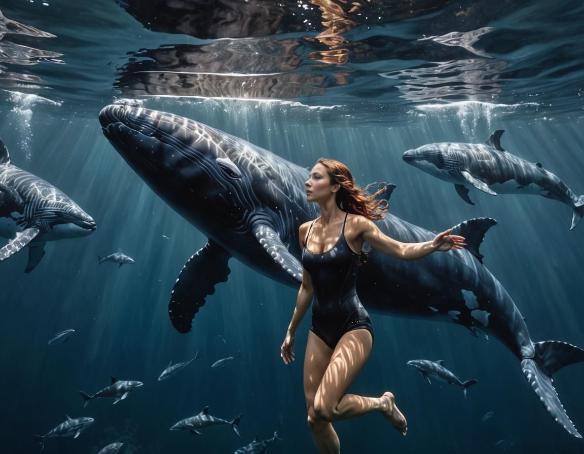 Freediving with Whales in Photorealistic Style
