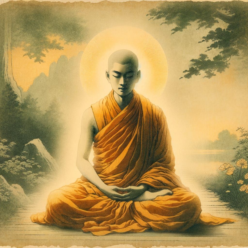 Serene Buddhist Monk in Meditation, Japanese Illustration St...