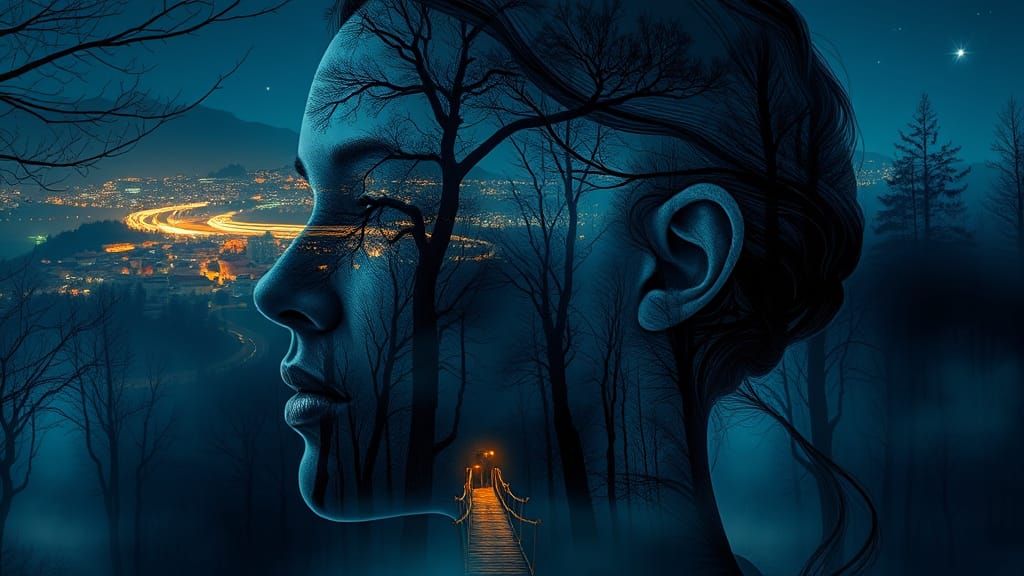 Hyper-Realistic Double Exposure of a Woman's Ethereal Form