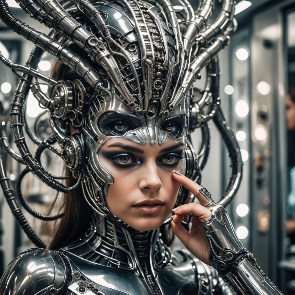Biomechanical Beauty Applying Makeup in Futuristic Dressing ...