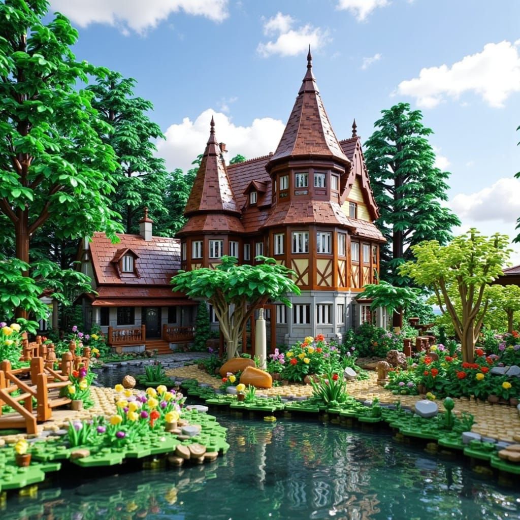 Brick House by a Serene Lake