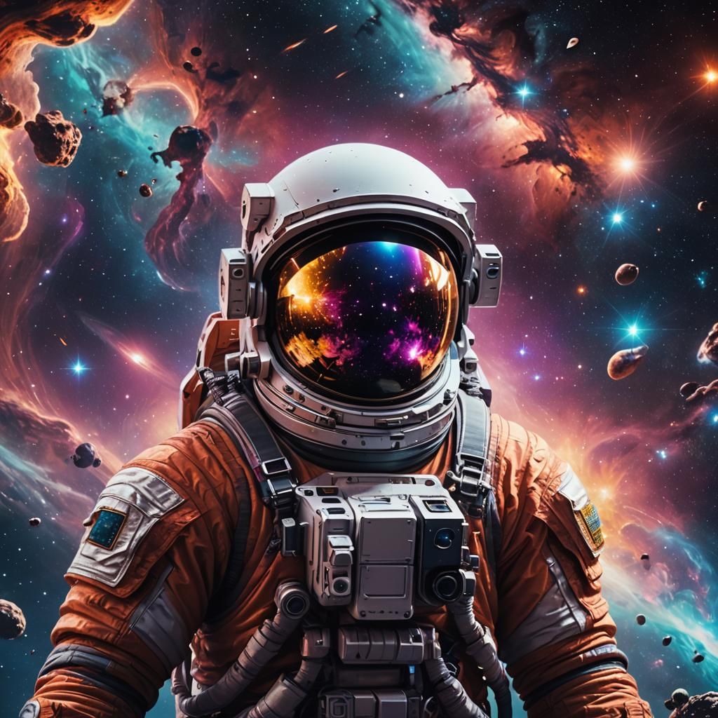 Astronaut in Deep Space Reflecting Galaxy: Neon Sci-Fi