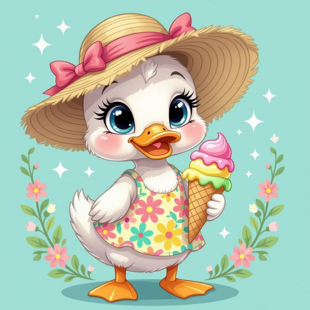 Cartoon Duckling in Floral Dress with Ice Cream