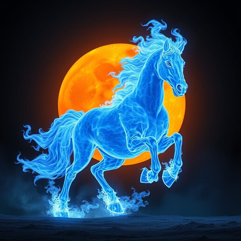 Majestic Blue Flame Horse under Orange Moonlight