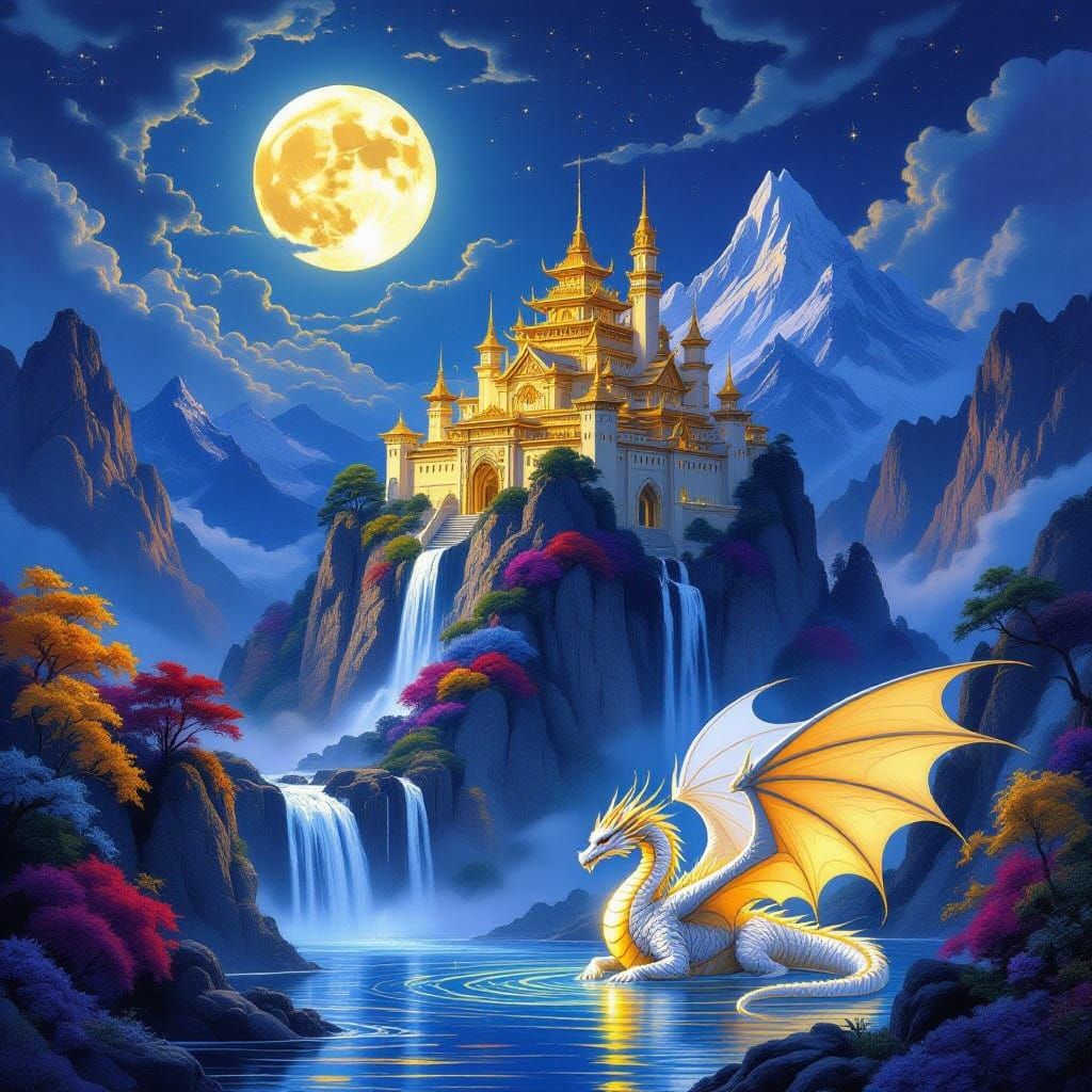 Golden Mountain Palace Under Full Moon With Dragon