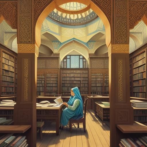 Woman Reading in Library with Urdu Texts