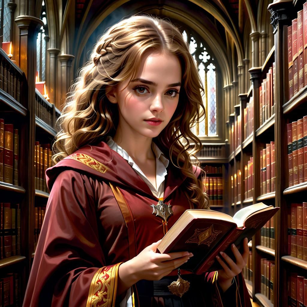 Hermione Granger with Ornate Gryffindor Robes and a Book in the Hogwarts Library