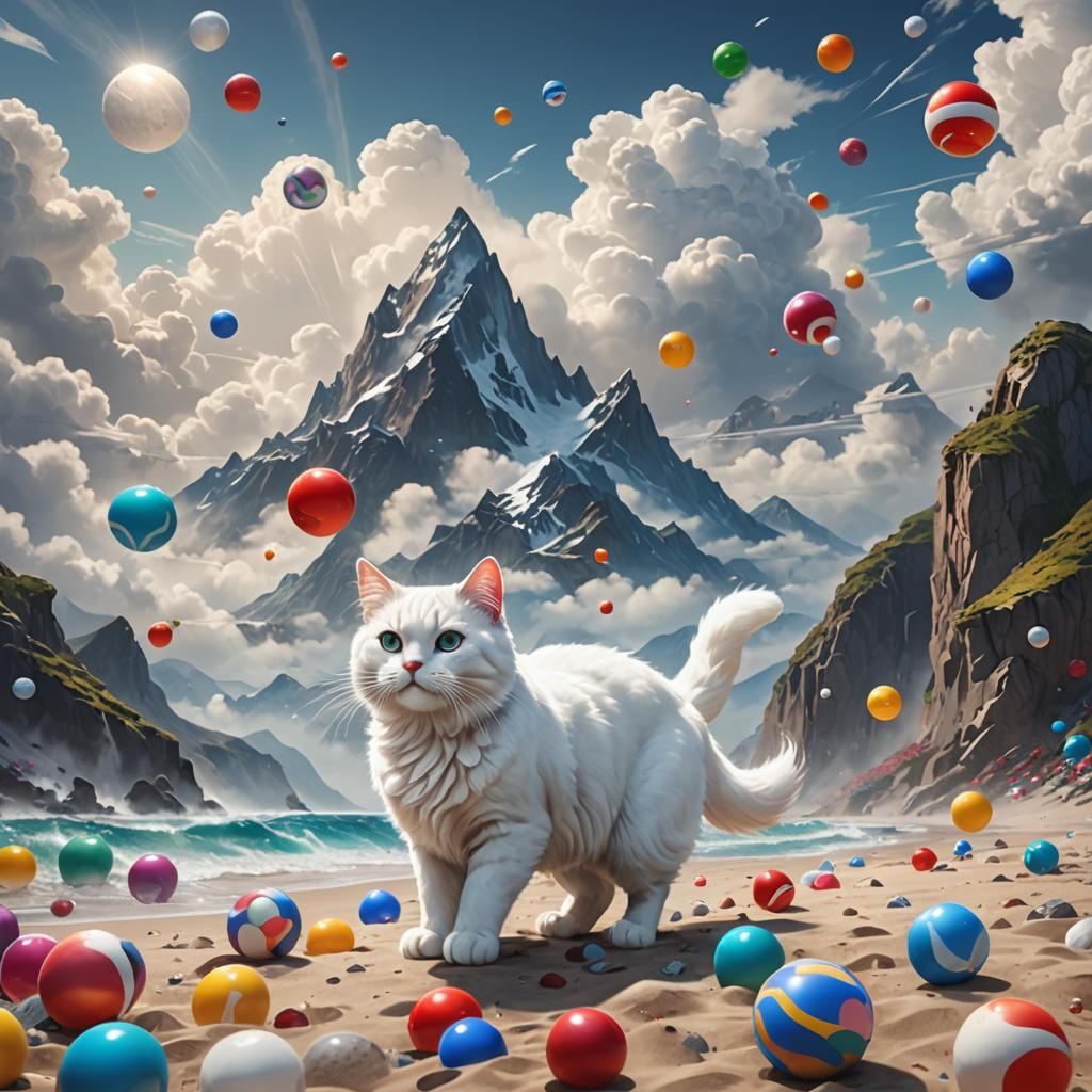 Flowy White Cat Playing in Cloudy Mountains