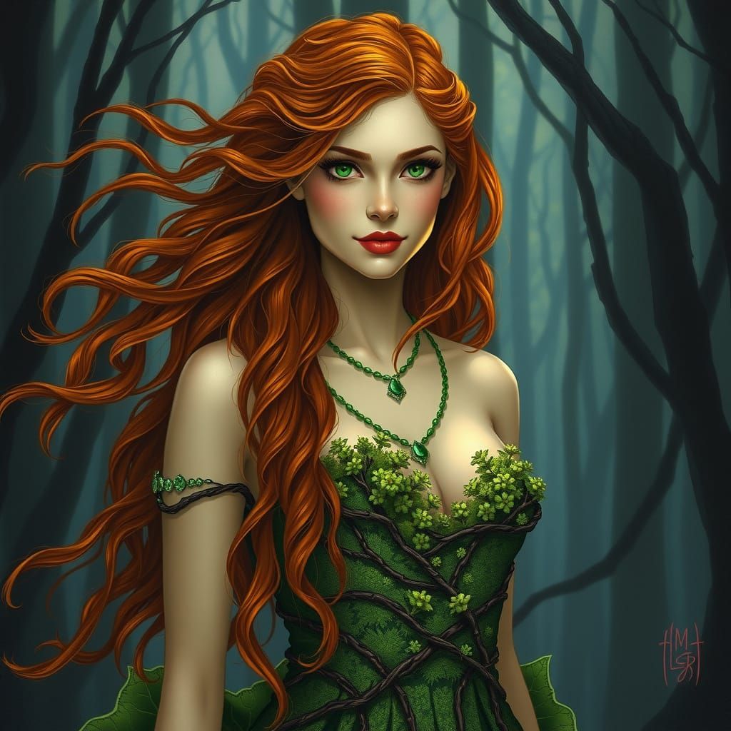 Auburn Haired Woman in Forest: Art Nouveau Style