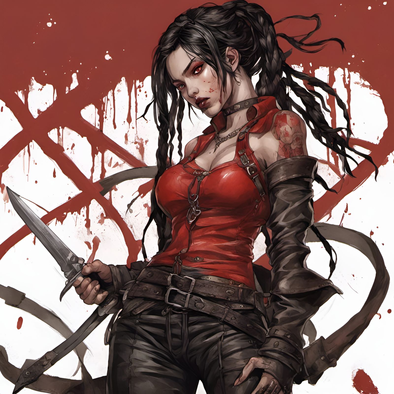 Fierce Tattooed Woman with Dagger in Manhwa Style