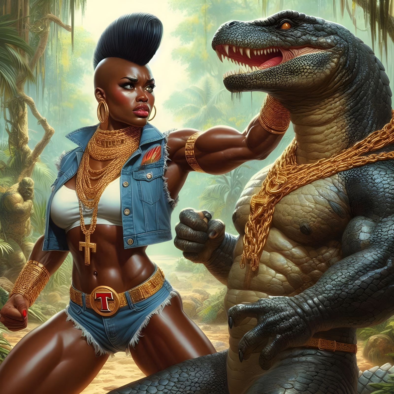 Humorous Halloween Punch: Woman vs. Lizard Man