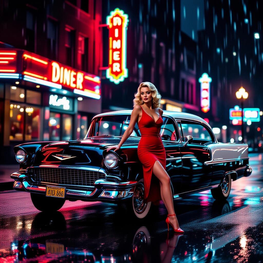 1950s Bel Air on Wet City Street at Night
