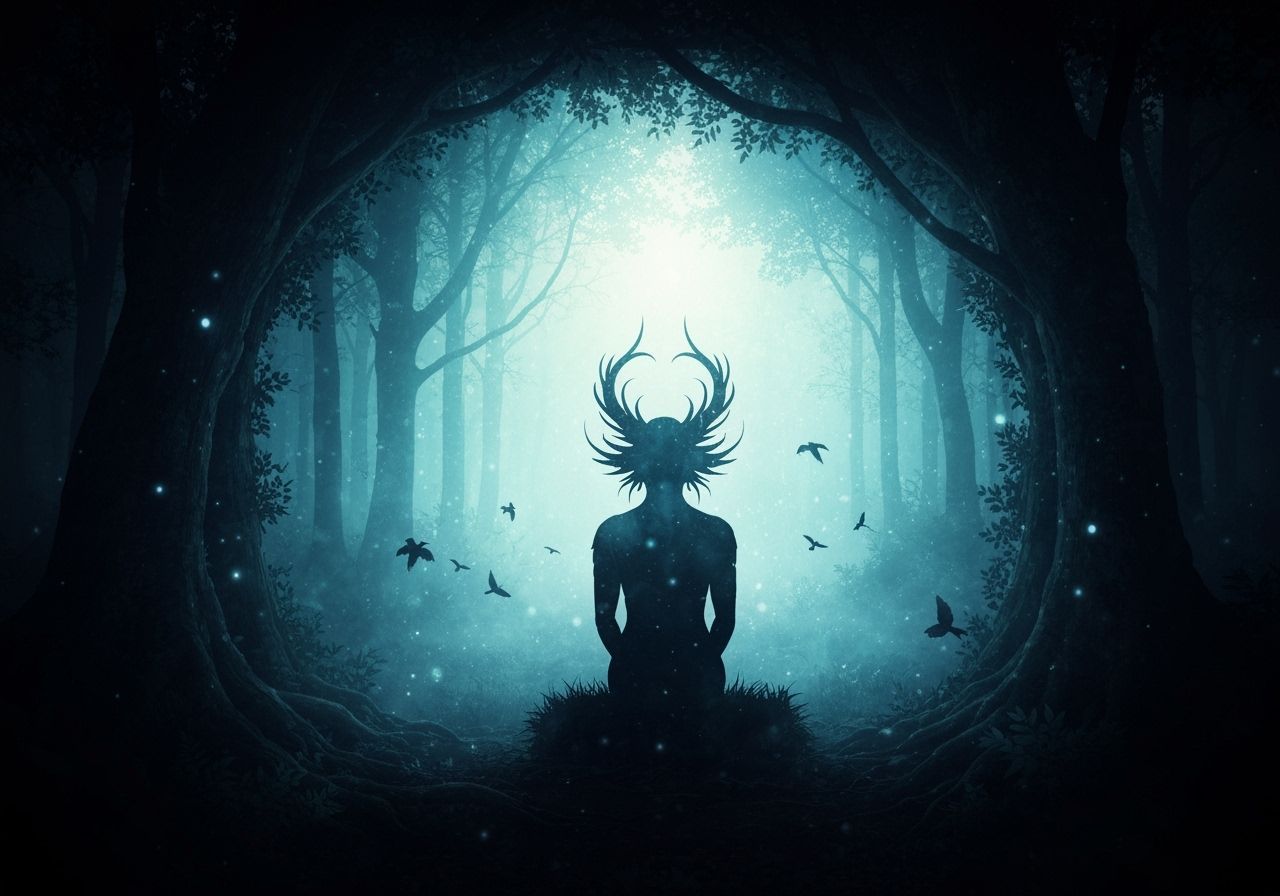 Fantastical Creature Silhouette with Enchanted Forest