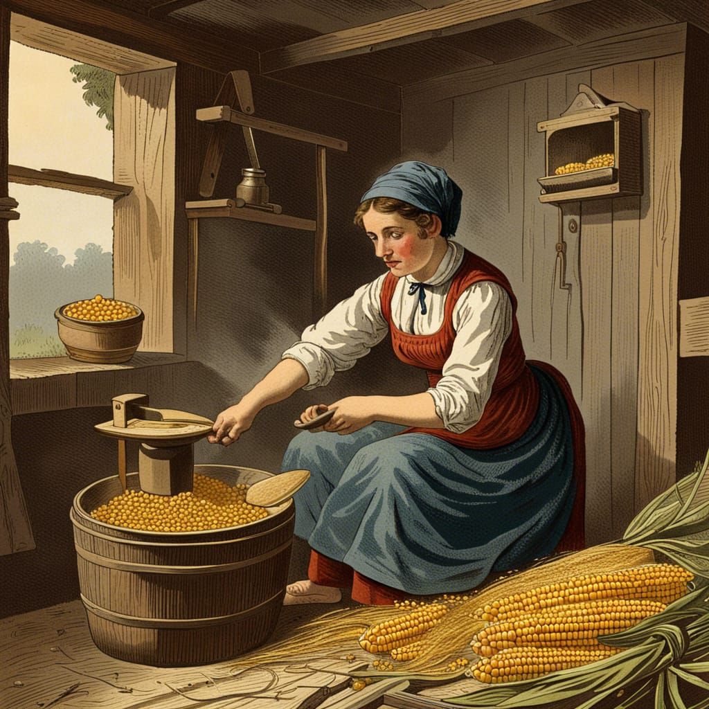 Woman Grinding Corn: Antique Wood Engraved Print