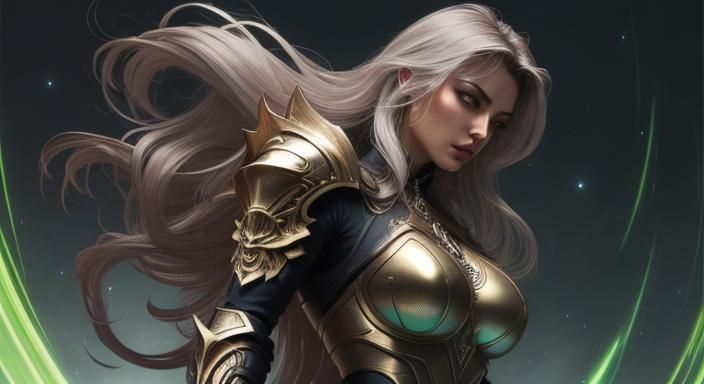 Armored Hourglass Figure in Neon Lighting