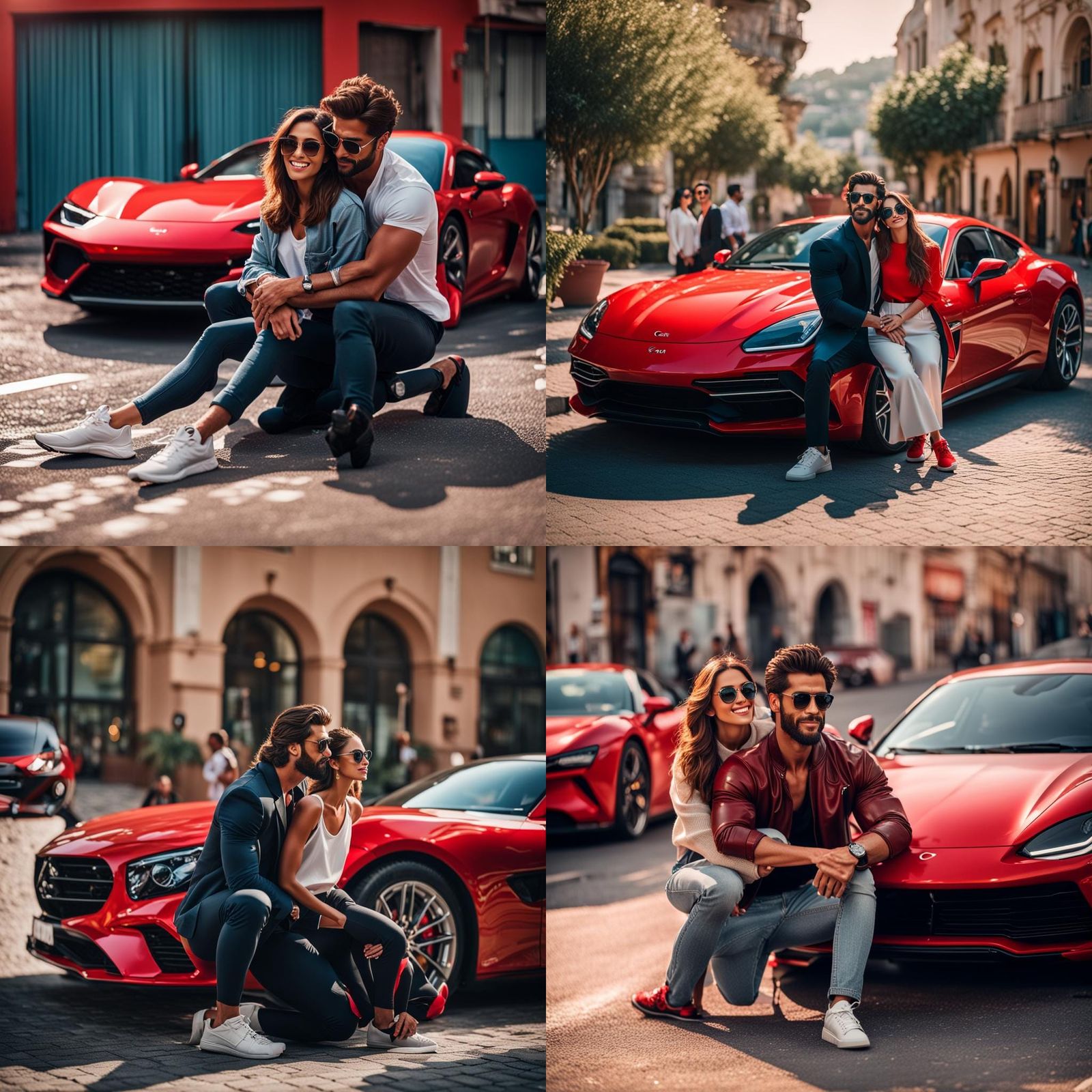 Man Kneeling with Woman by Red Sports Car