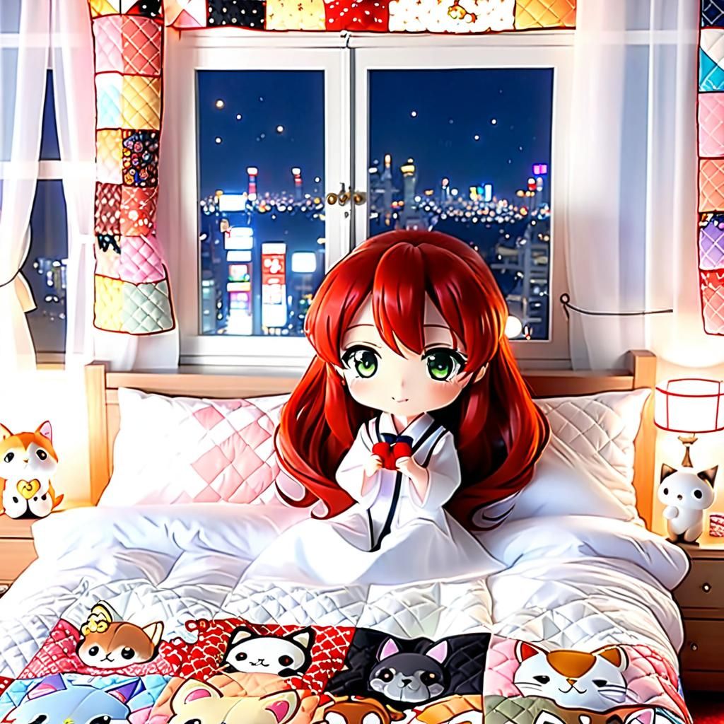 Anime Girl in Shibuya Bedroom with Quilt