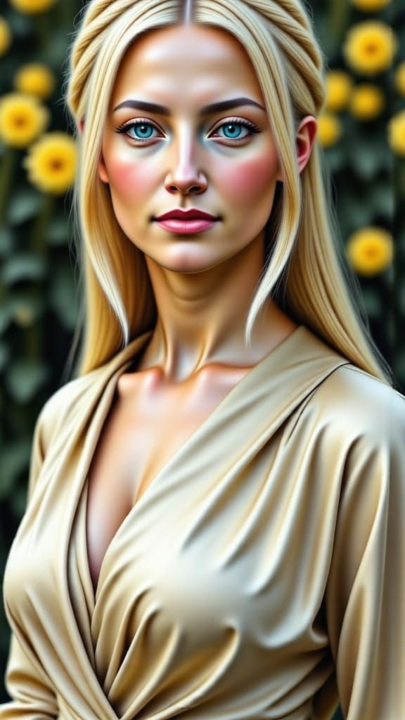 Elegant Woman in Lush Environment, Hyperrealistic Style