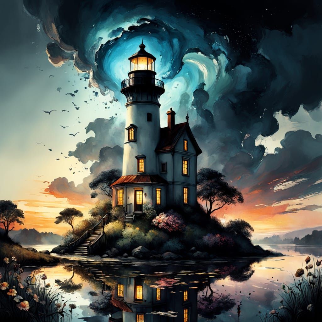 Sunset Lighthouse with Idyllic English Garden