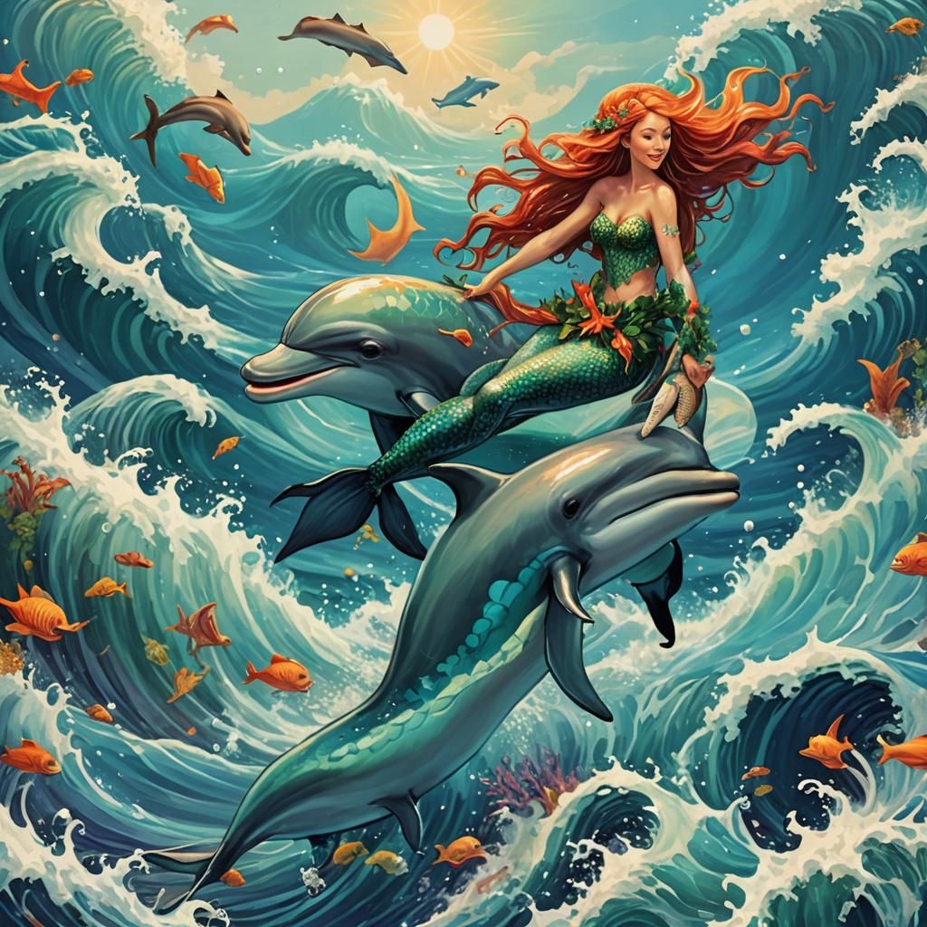 Mermaid Riding Dolphin in Vibrant Ocean Scene