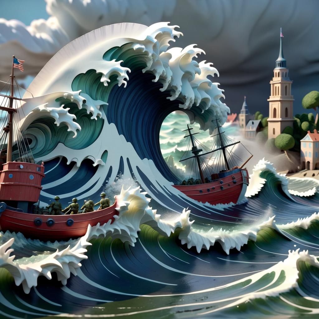 Mixed-Media Tsunami Sculpture in Digital Art Style
