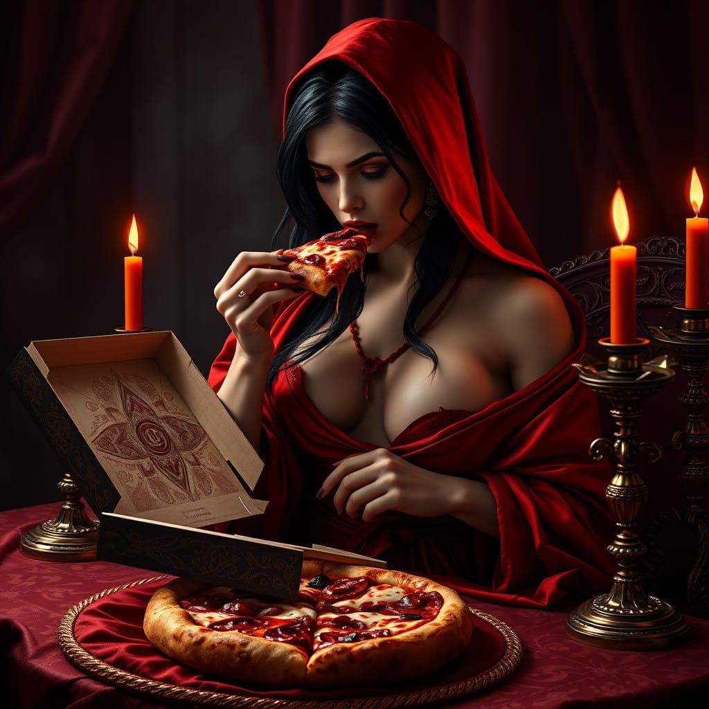 Regal Vampire Queen Savoring Blood Pizza in Opulent, Dark Fa...