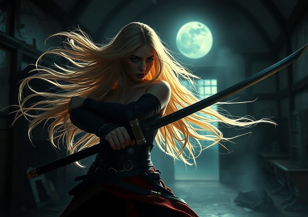 Female Assassin with Samurai Sword in Haunting Moonlight