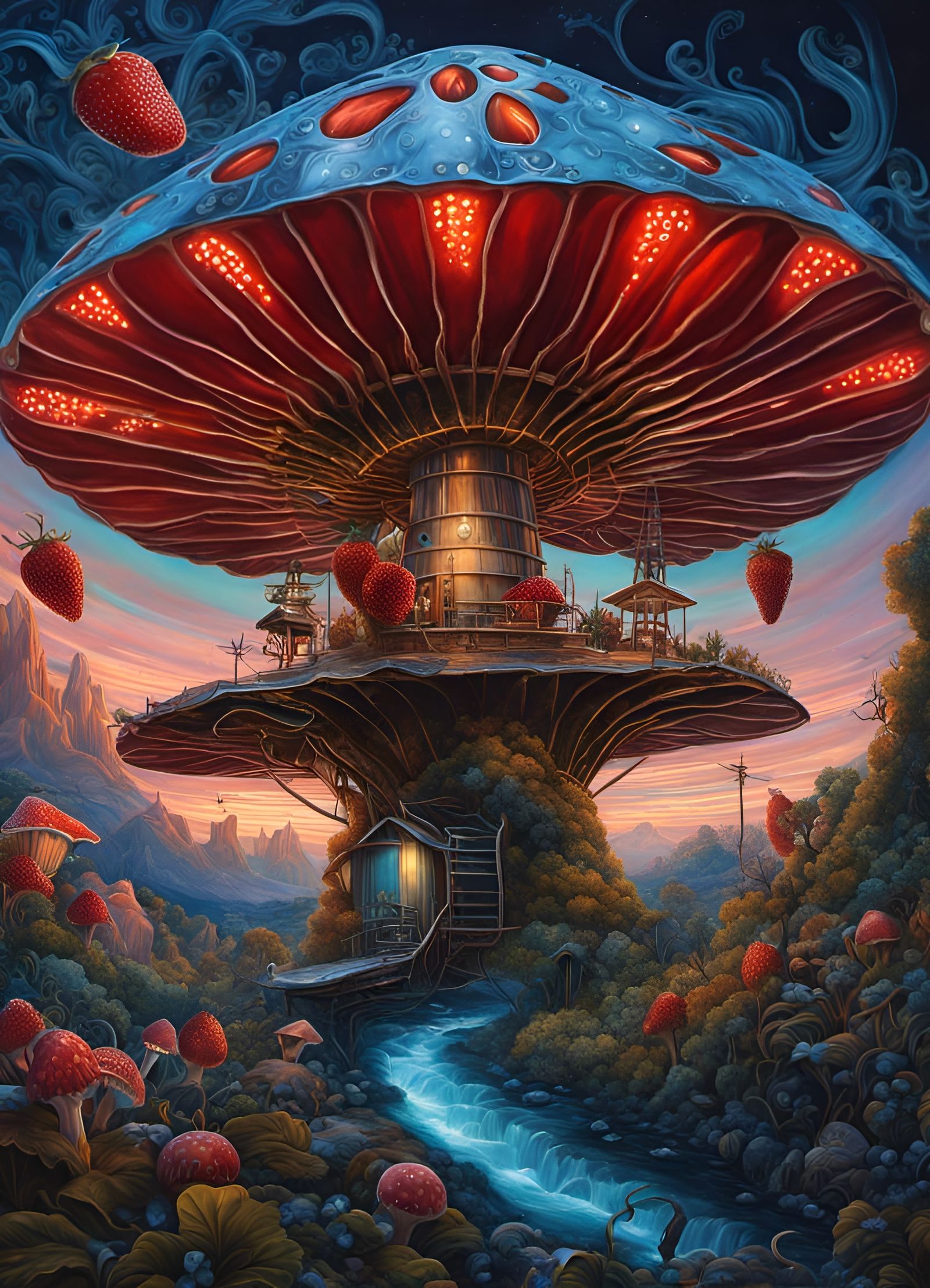 Bioluminescent Mushroom Windmills in Maximalist Landscape