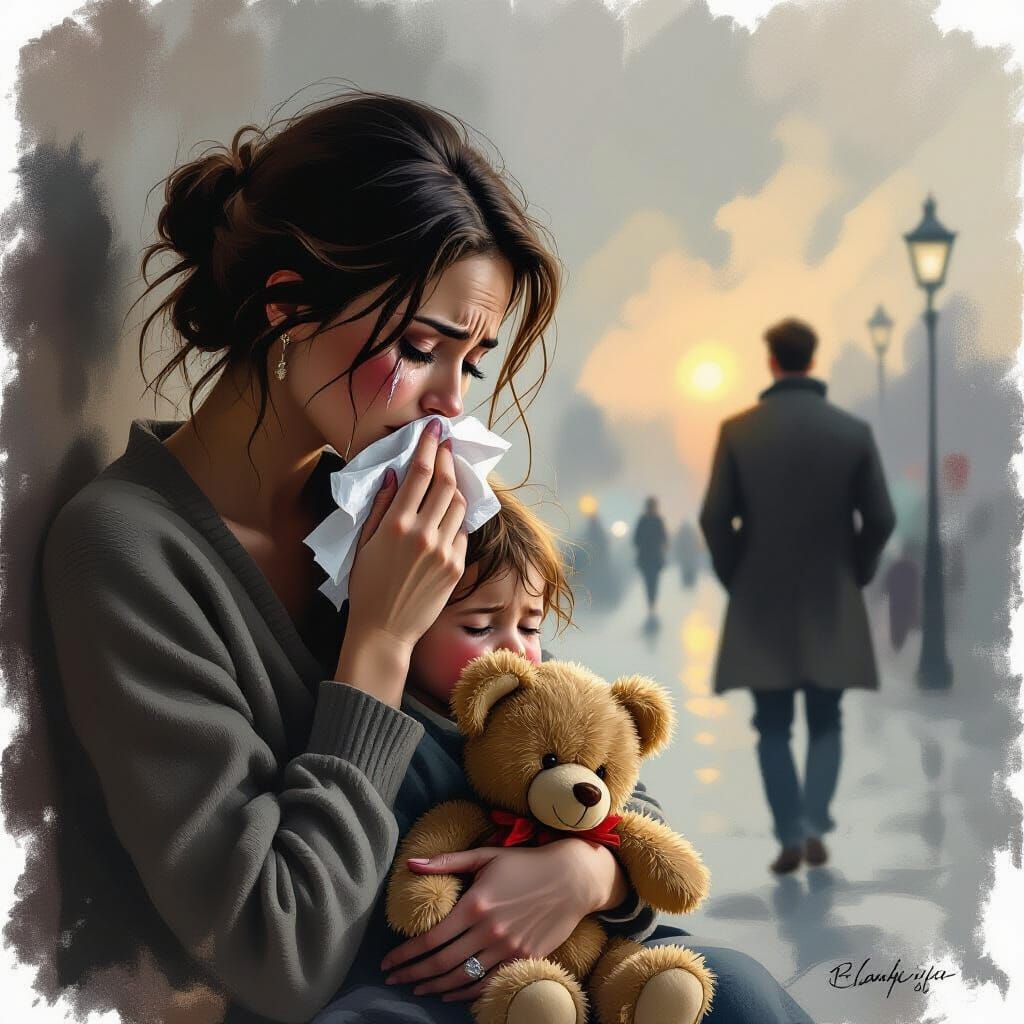 Sorrowful Woman and Child Watch Heartbreak in Painterly Styl...