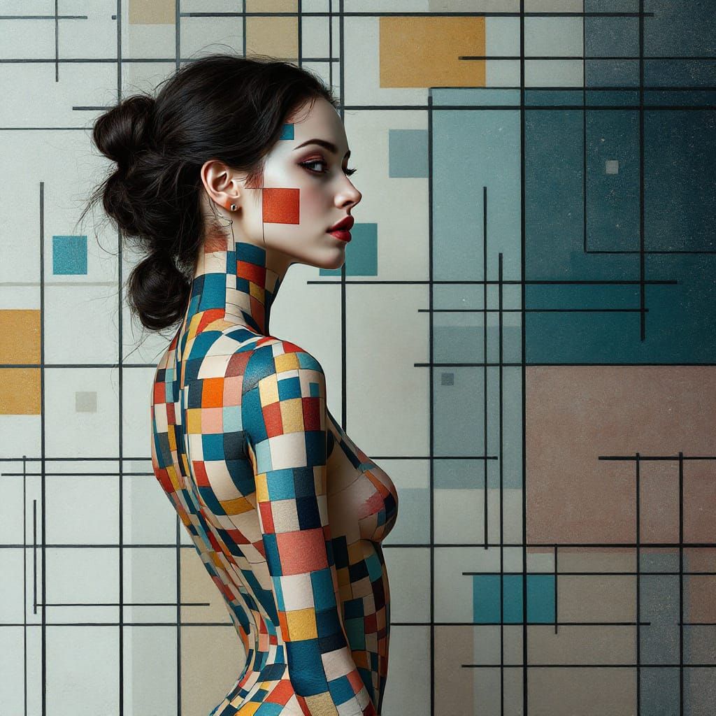 Geometric Woman Posing Against Patterned Wall