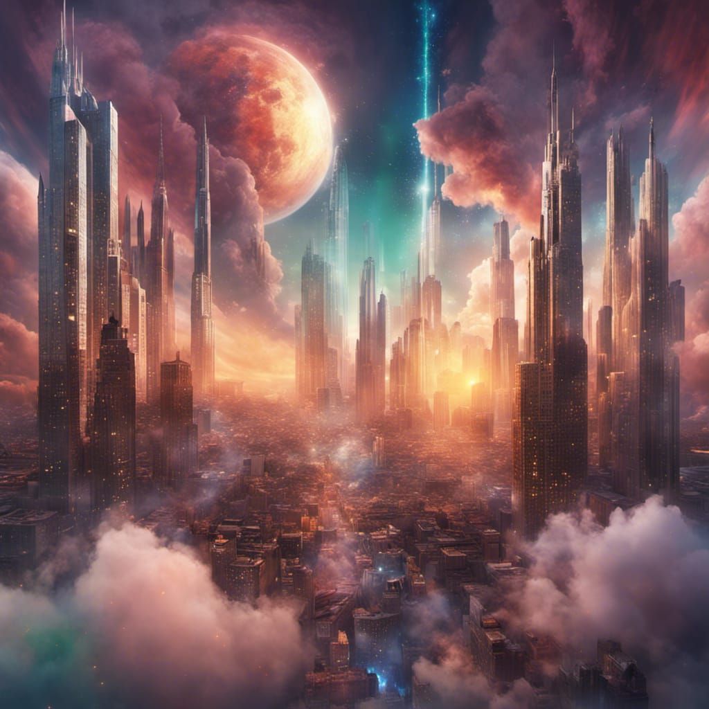 Imagine a celestial metropolis where iridescent skyscrapers ...